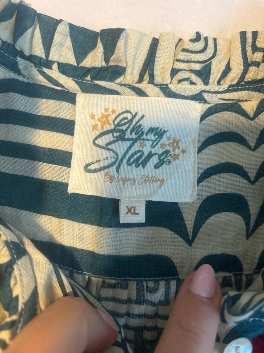 100% Cotton Blue and Cream Printed Button-Front Tunic Dress- Oh My Stars - Picture 2 of 10